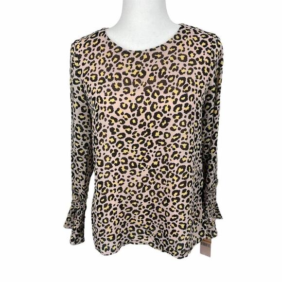 Nanette Lepore Blouse Size S Pink Leopard Print Keyhole Back Ruffle Cuffs NEW - Picture 1 of 8